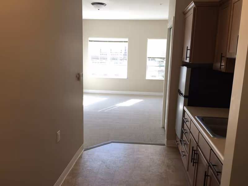 View from a compact kitchen area into a bright carpeted living room with two windows.