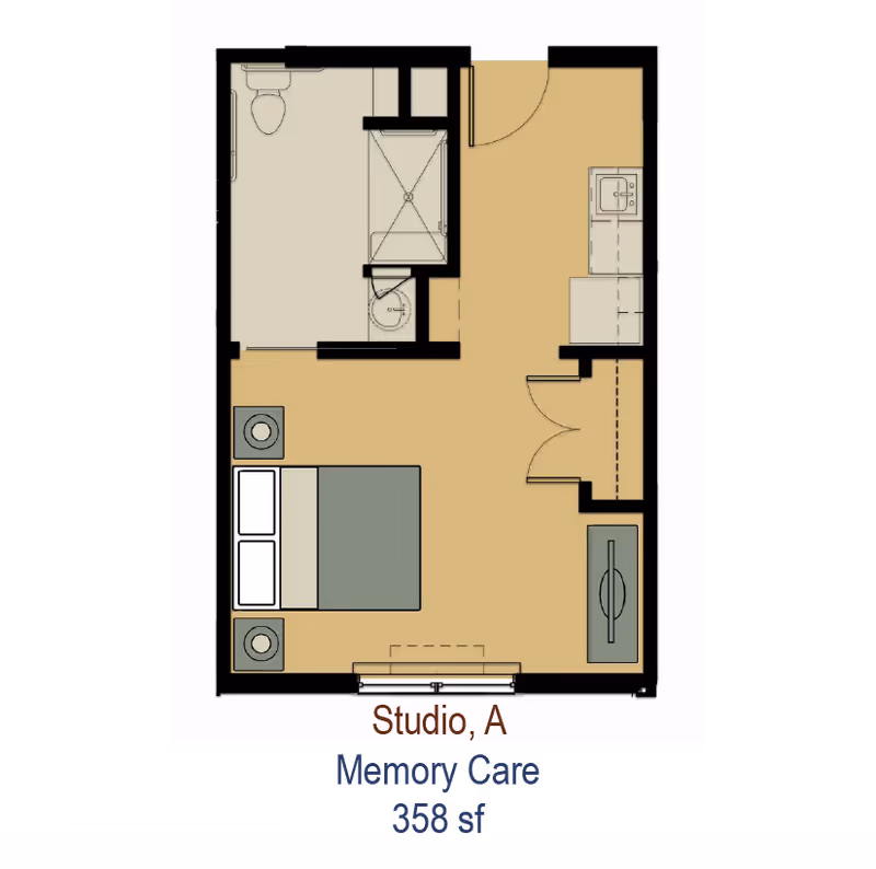 Floor plan of a studio apartment labeled Studio, A for Memory Care with 358 square feet. The layout includes a combined sleeping and living area with a bed and two nightstands, a bathroom with a toilet, shower, and sink, and a small kitchenette area with a sink and counter space.