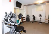 Small fitness room with several exercise machines including a recumbent/elliptical bike and two stationary bikes, a wall-mounted TV, and a mirror.