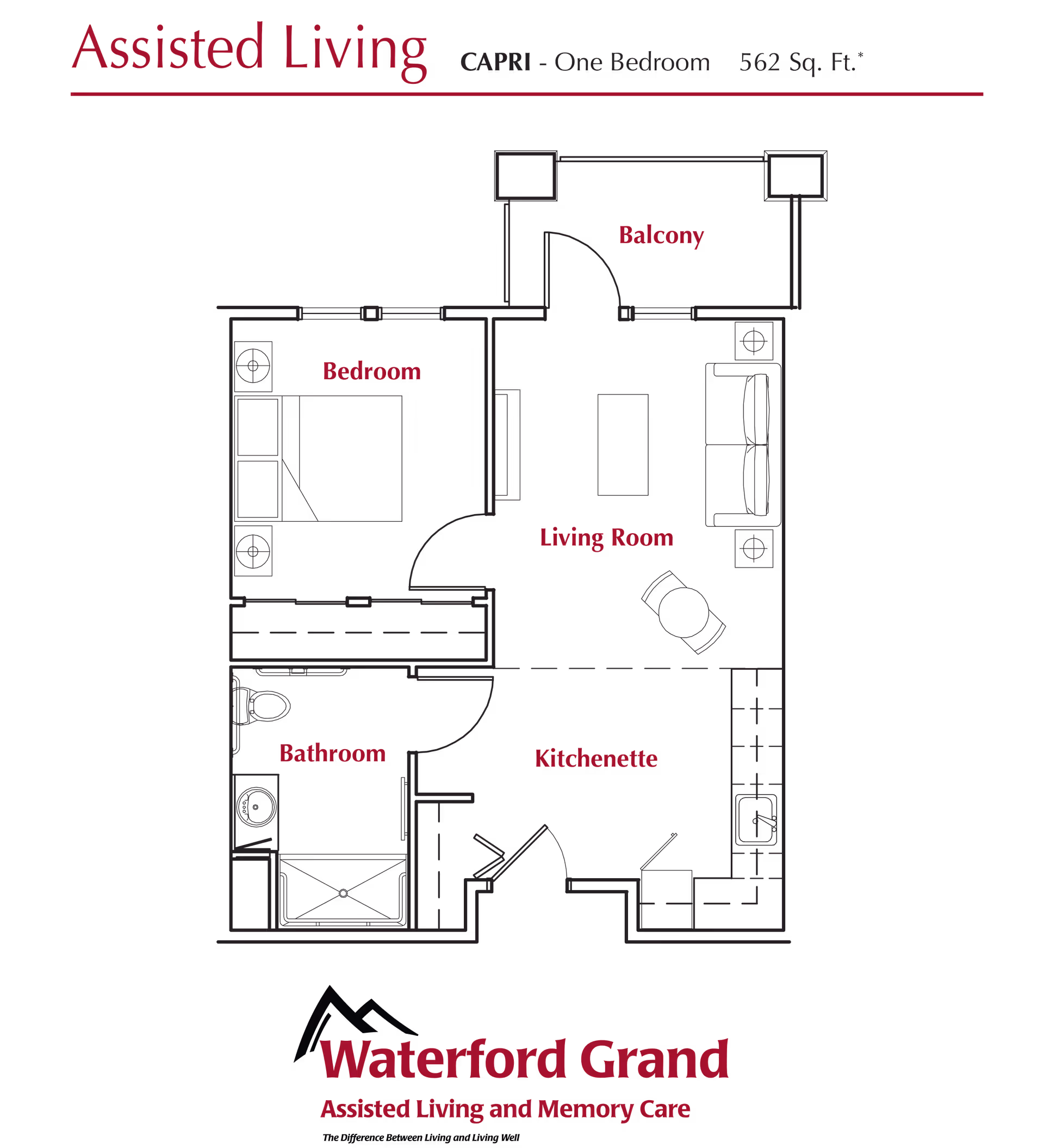 Floor plan of an assisted living one-bedroom unit named Capri, measuring 562 square feet. The layout includes a bedroom, bathroom, kitchenette, living room, and a balcony. The bedroom has a bed and two nightstands. The bathroom contains a toilet, sink, and shower. The kitchenette has a sink and counter space. The living room has a sofa, coffee table, and a small round table with two chairs. The balcony is accessible from the living room. The floor plan is labeled with Waterford Grand Assisted Living and Memory Care at the bottom.