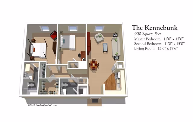 3D floor plan of The Kennebunk apartment layout showing a master bedroom, second bedroom, living room, kitchen, dining area, and bathrooms with dimensions and furniture placement.