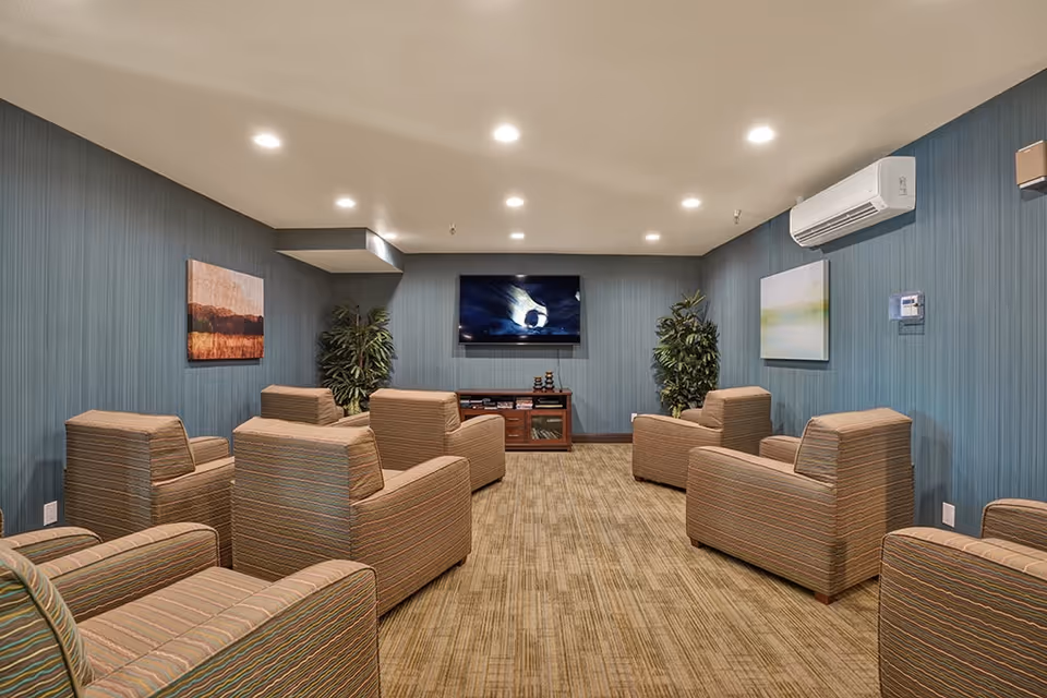 Cozy TV lounge with upholstered armchairs arranged facing a wall-mounted television and decorative plants.