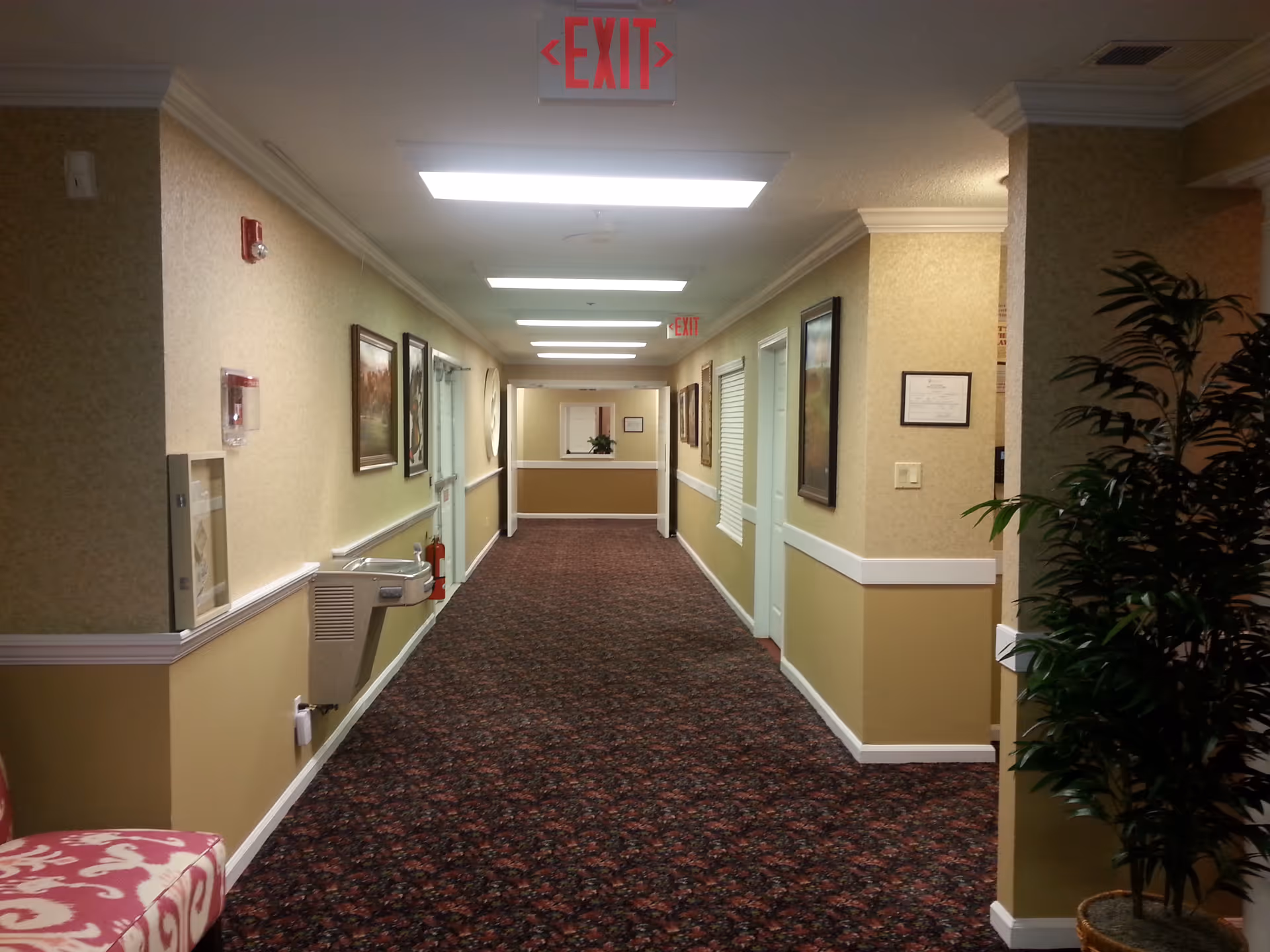A long indoor hallway with patterned carpet, beige and yellow walls, and several framed pictures hanging on the walls. There is a water fountain on the left side, an exit sign on the ceiling, and a potted plant on the right side near the foreground.