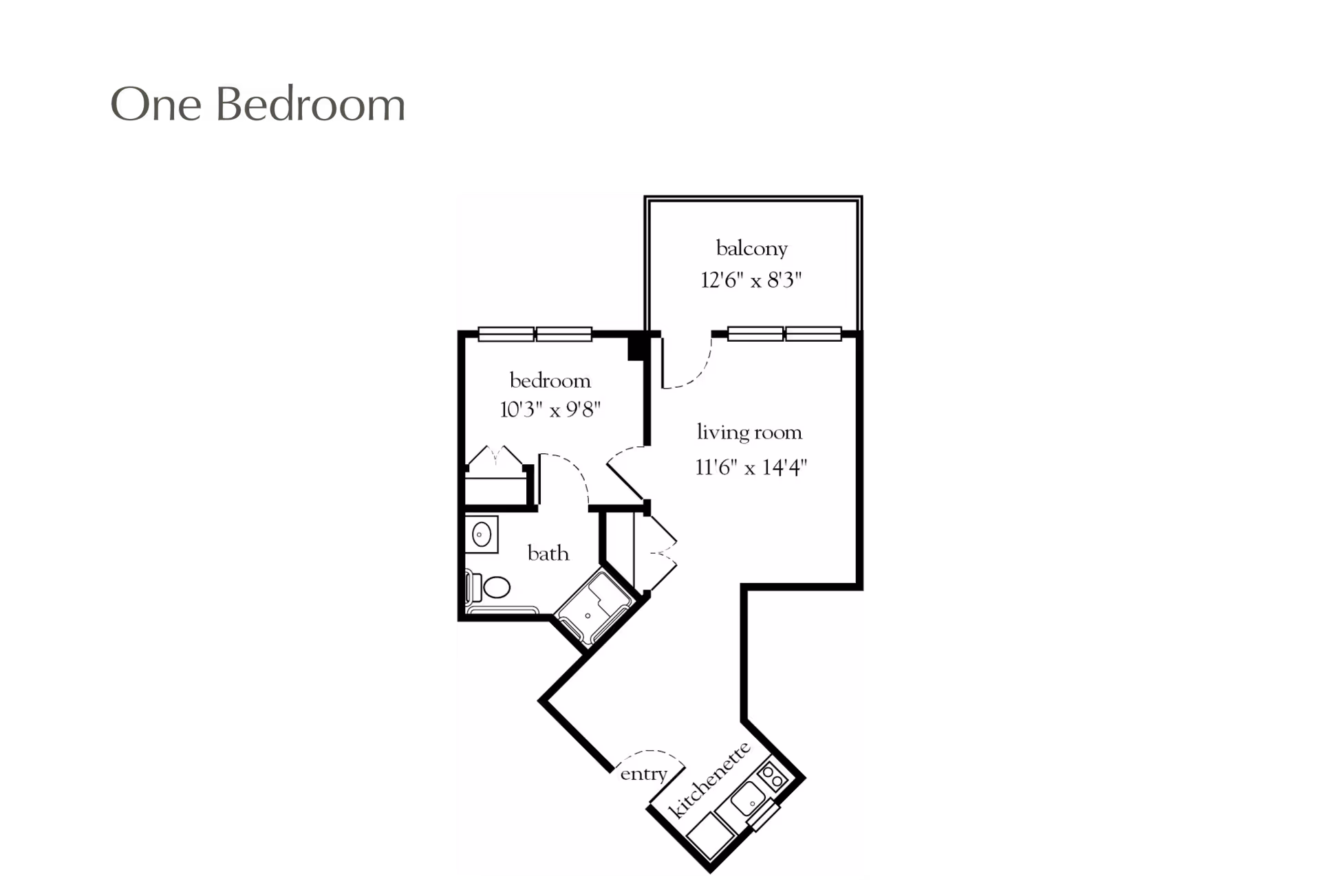 Floor plan of a one-bedroom apartment at Atria Harborhill showing a bedroom, bath, living room, balcony, kitchenette, and entry area with dimensions.