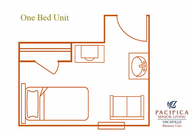 Floor plan of a one-bedroom unit showing a bed, a closet, a sink, a chair, and an entrance door. The layout is simple and compact, designed for a senior living memory care facility.