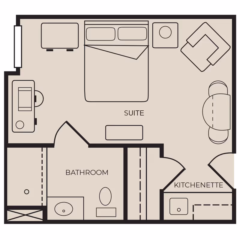 Floor plan of a suite at The Gables of Gainesville showing a bedroom area with a bed, a bathroom with a toilet and sink, and a kitchenette with a sink and counter space.