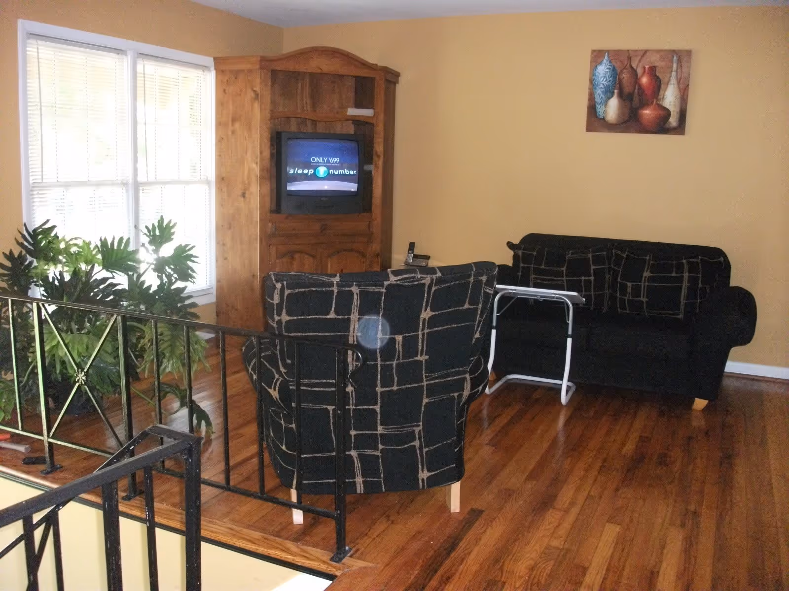 Small living room with two patterned armchairs and a loveseat, a wooden TV armoire, potted plants, and hardwood floors.