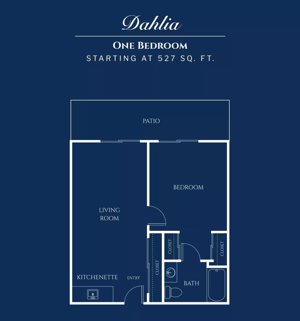 Floor plan of a one-bedroom apartment named Dahlia, starting at 527 square feet, showing a living room, kitchenette, bedroom, bath, closets, entry, and a patio.