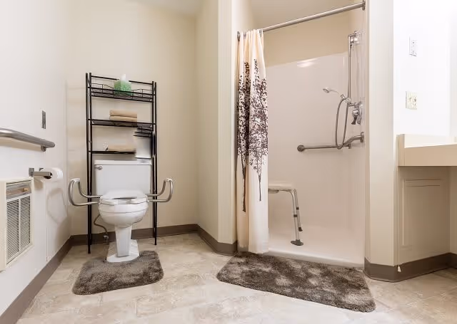 Accessible bathroom with a toilet equipped with safety rails, a black metal shelving unit holding towels and toiletries, a walk-in shower with a shower chair and grab bars, and beige walls and flooring with matching brown rugs.