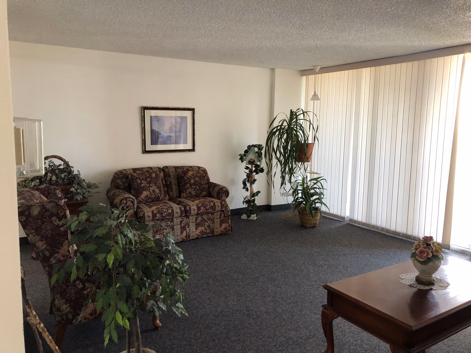 A living room with floral patterned sofa and armchair, several potted plants, a wooden coffee table with a small flower arrangement, a framed picture on the wall, and vertical blinds covering large windows.