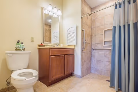 A bathroom with a white toilet, a wooden vanity with a sink and mirror above it, and a walk-in shower with beige tiles and a blue and white shower curtain.