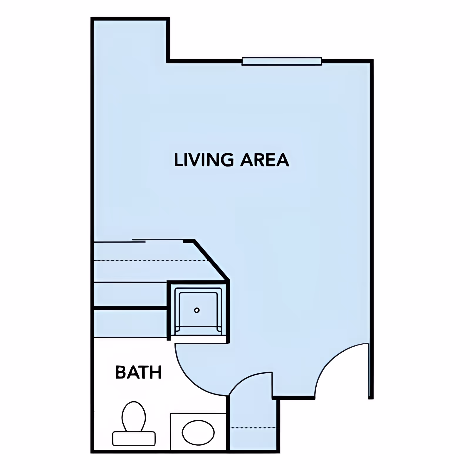 Floor plan layout showing a living area and a bathroom. The living area is the larger space with an entrance door, and the bathroom includes a toilet, sink, and shower.