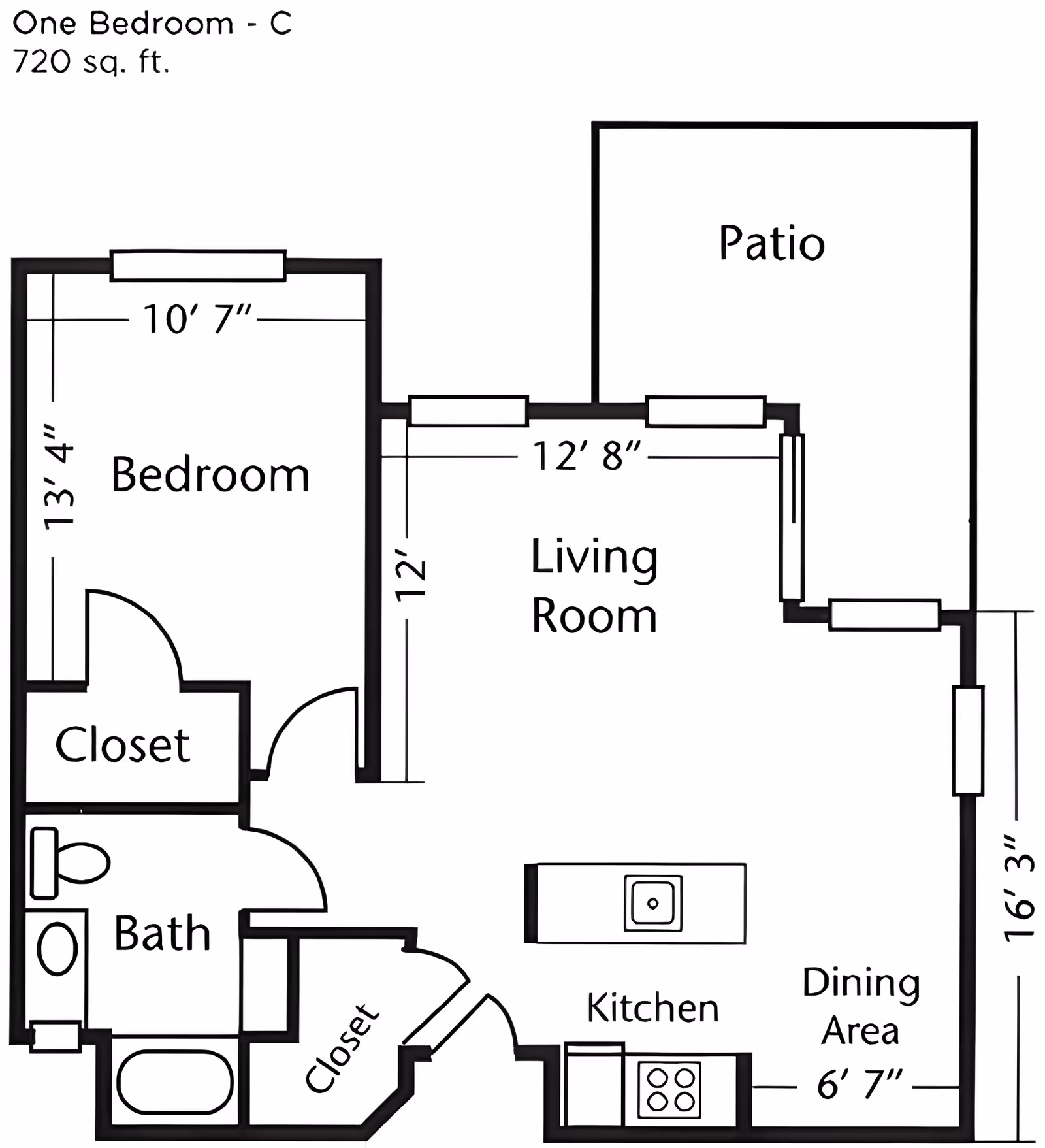 Floor plan of a one-bedroom apartment labeled 'One Bedroom - C, 720 sq. ft.' showing a bedroom with closet, bathroom, living room, kitchen with an island, dining area, and a patio. Dimensions of rooms are also indicated.