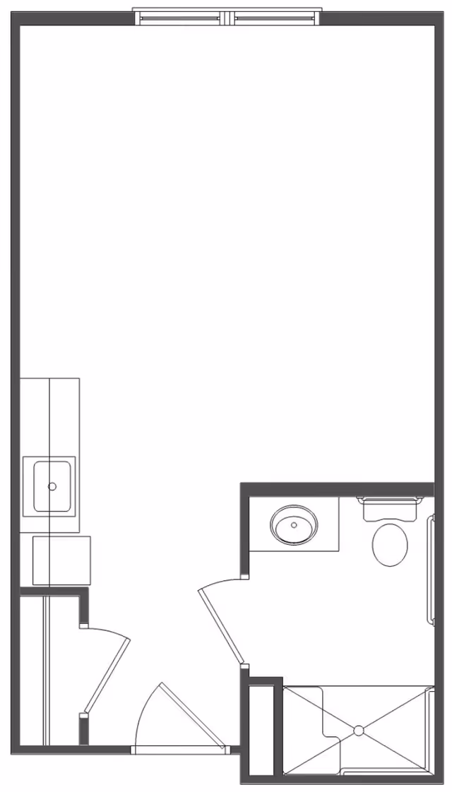 Architectural floor plan of a small living space featuring a main room with a kitchenette on the left side, an entry door at the bottom, and a bathroom on the right side with a sink, toilet, and shower.