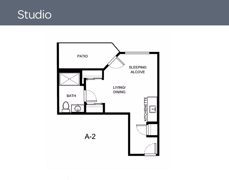 Floor plan of a studio apartment labeled A-2 at Holiday Echo Ridge, showing a patio, sleeping alcove, living/dining area, kitchenette, and bathroom.