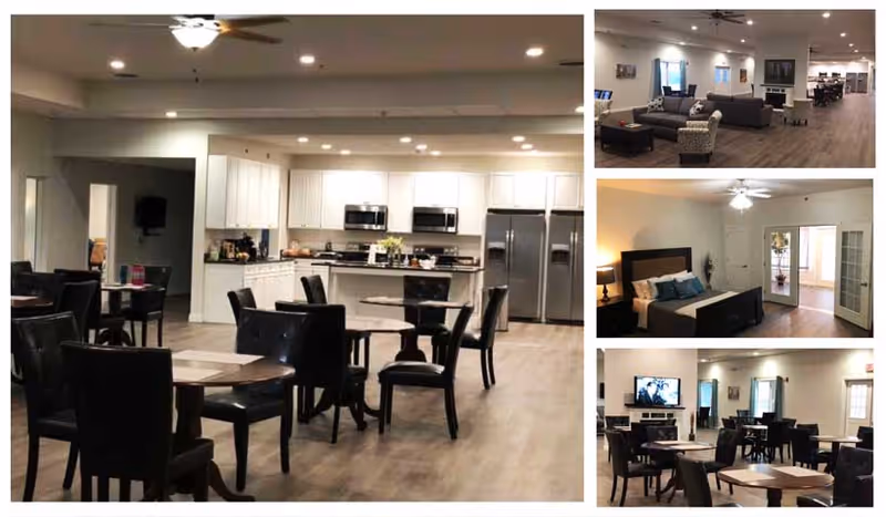 Collage of interior views of Skyline Suites Assisted Living including a spacious kitchen with white cabinets, stainless steel appliances, and multiple round tables with black chairs; a living room area with sofas and chairs; a bedroom with a bed, nightstand, lamp, and French doors; and a dining area with tables and chairs facing a television.