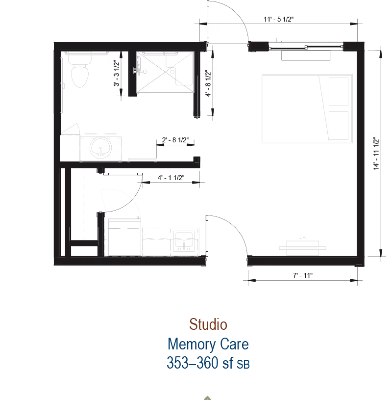 Architectural floor plan of a studio memory-care unit showing a bed area, kitchenette, and a bathroom with shower, sink, and toilet, with dimensional annotations and unit label.