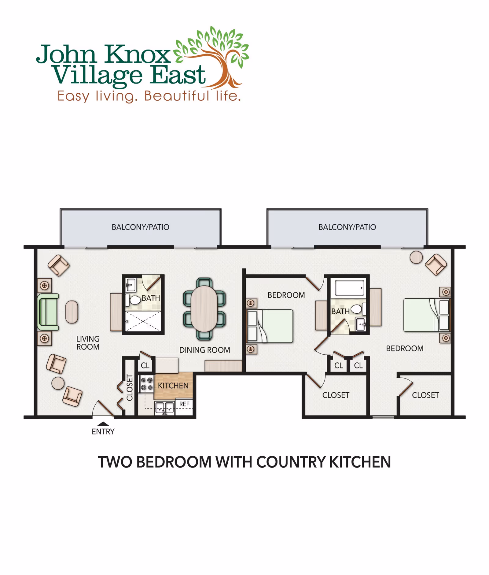 Floor plan of a two-bedroom apartment showing living room, dining room, kitchen, two bathrooms and two balconies with the facility logo at top.