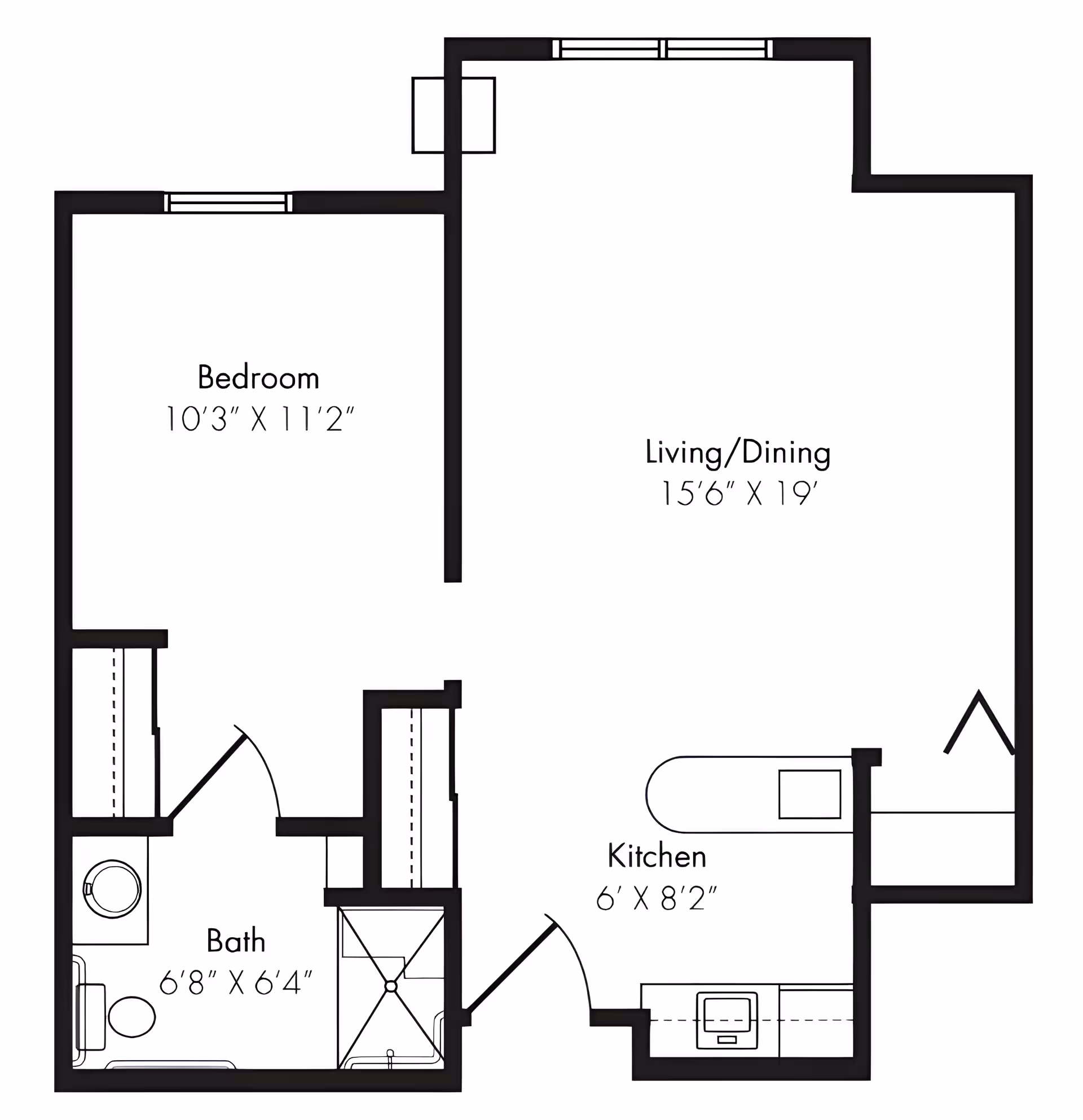 Floor plan of a senior living unit at Charter Senior Living of Verona showing a bedroom measuring 10 feet 3 inches by 11 feet 2 inches, a combined living and dining area measuring 15 feet 6 inches by 19 feet, a kitchen measuring 6 feet by 8 feet 2 inches, and a bathroom measuring 6 feet 8 inches by 6 feet 4 inches.