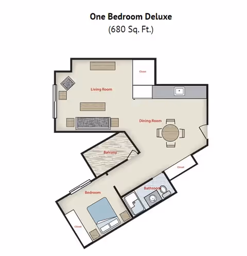 Floor plan of a one bedroom deluxe apartment with 680 square feet. The layout includes a living room with furniture, a dining room with a round table and four chairs, a kitchen area, a bedroom with a bed and closets, a bathroom with a sink, toilet, and bathtub, and a balcony.