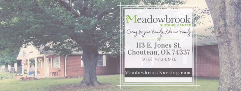 Front exterior of a brick nursing center with large trees and an overlaid Meadowbrook Nursing Center sign showing address and website.