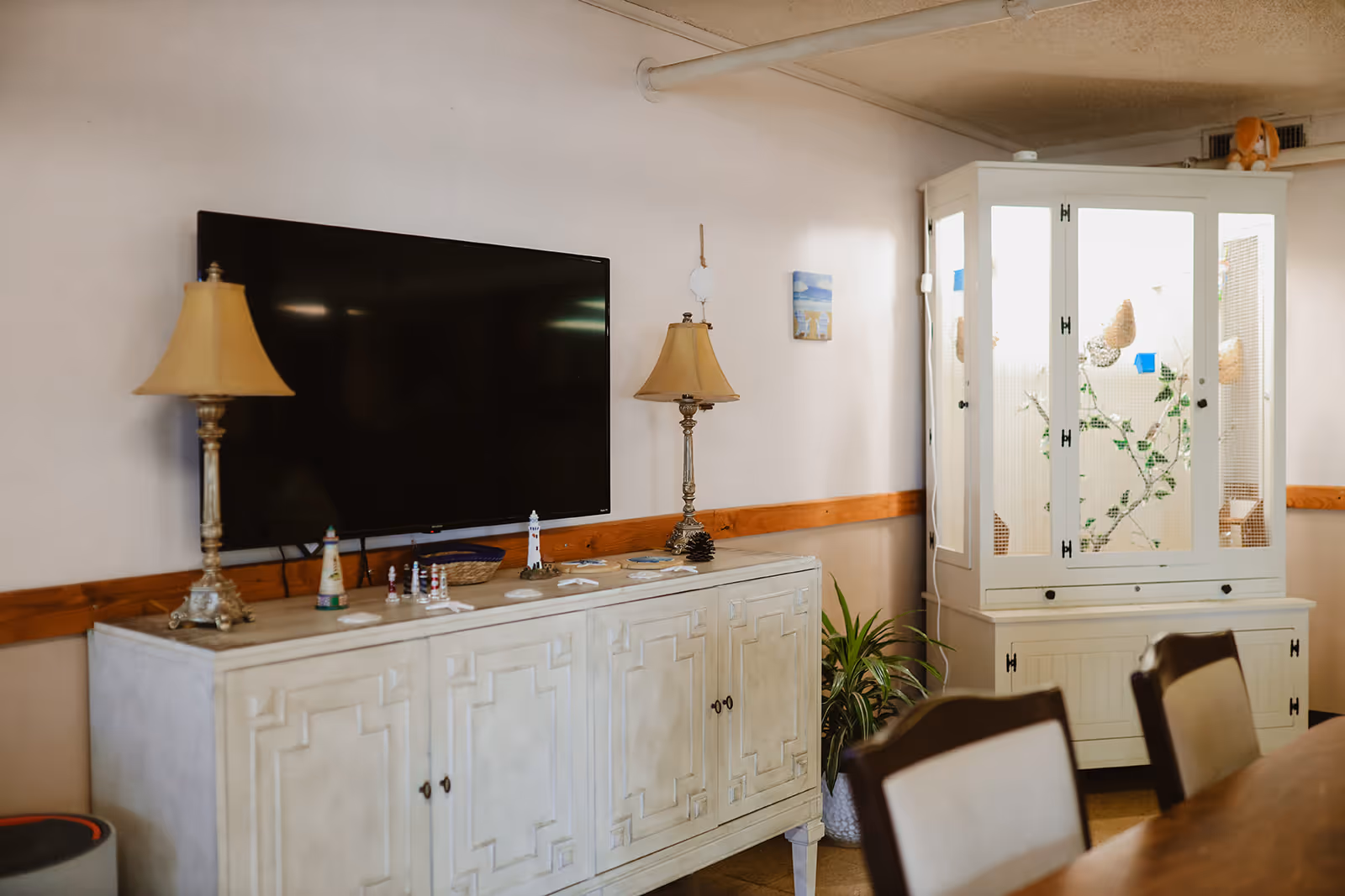 A cozy interior room featuring a large flat-screen TV mounted on the wall above a white cabinet with decorative items and two table lamps. To the right, there is a white cabinet with mesh doors containing hanging baskets and plants. Part of a wooden dining table and chairs are visible in the foreground.