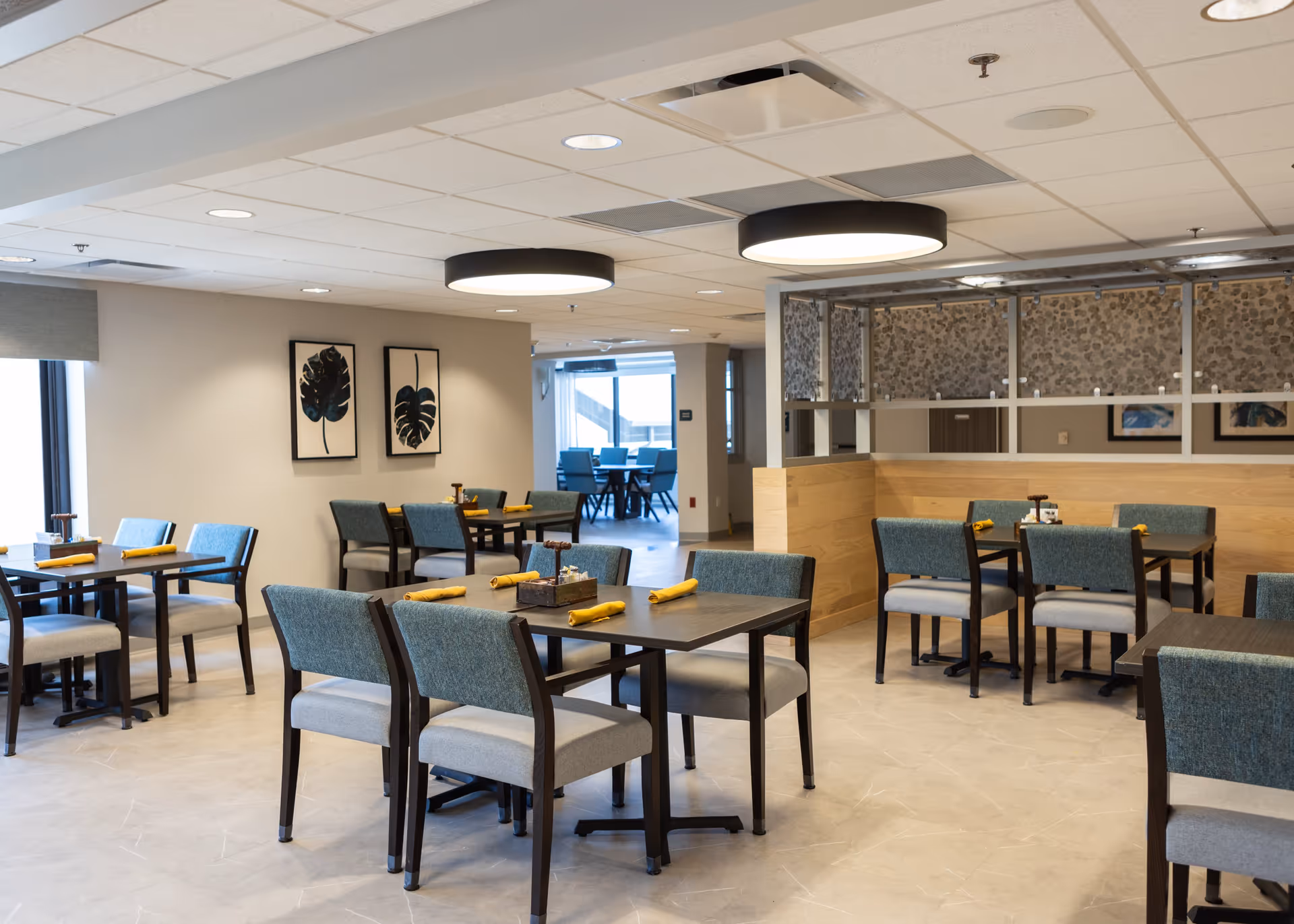A modern dining room with several tables and chairs arranged neatly. Each table has yellow napkins and a small centerpiece. The room features light-colored walls, two framed leaf artworks, large windows letting in natural light, and circular ceiling lights.