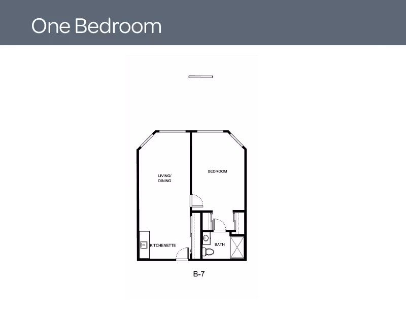 Floor plan layout of a one-bedroom unit labeled B-7 at Asher Point Independent Living of Waco, showing a living/dining area, kitchenette, bedroom, and bathroom.