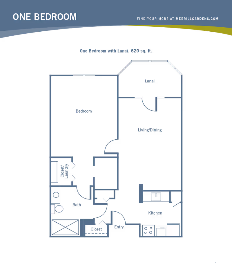 Floor plan diagram of a one-bedroom apartment showing labeled bedroom, living/dining, kitchen, lanai, bath, closets, and entry.