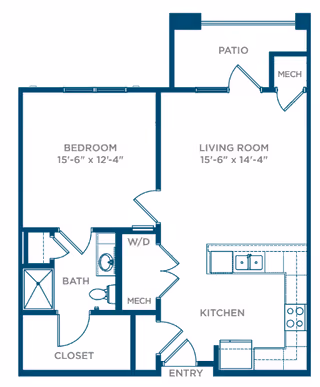 Floor plan of a senior living apartment showing a bedroom, bathroom, closet, living room, kitchen, patio, mechanical rooms, washer/dryer area, and entry.