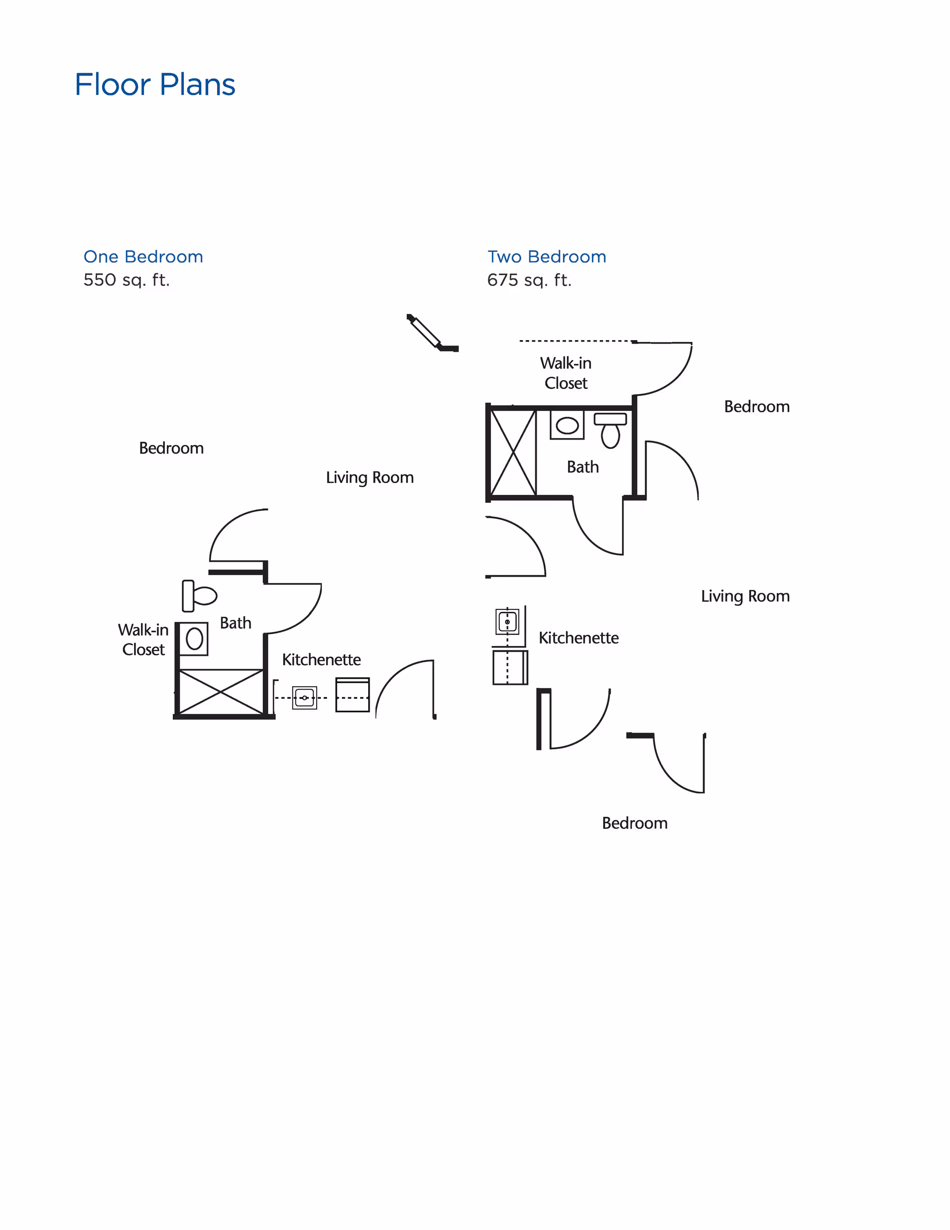 Floor plans for Brookdale North Richland Hills showing layouts for one-bedroom (550 sq. ft.) and two-bedroom (675 sq. ft.) units. Each plan includes labeled areas such as bedroom, living room, bath, walk-in closet, and kitchenette.