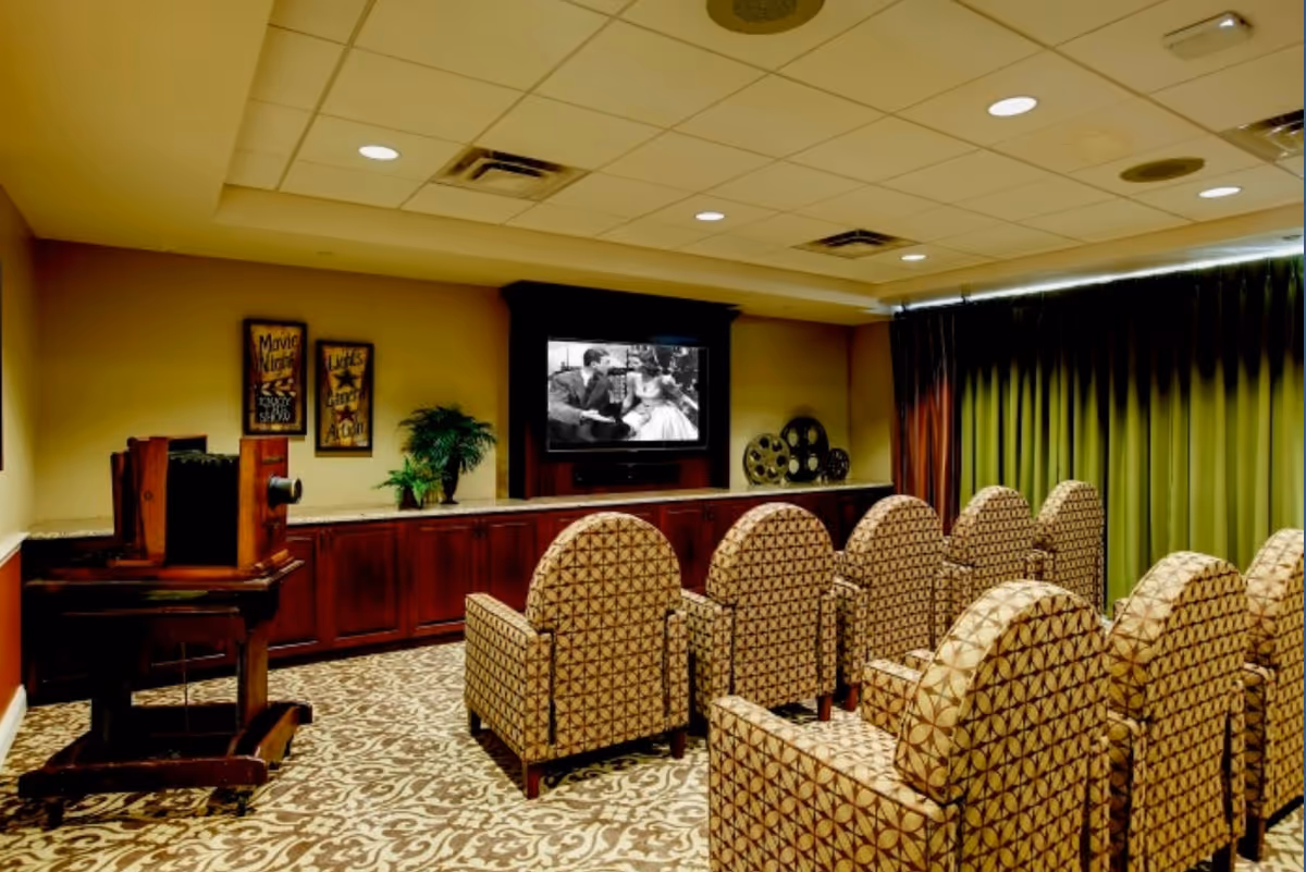 A small theater room with patterned armchairs arranged in rows facing a wall-mounted TV screen showing a black and white movie. The room has a patterned carpet, a wooden cabinet along the back wall with decorative film reels and plants, and framed movie-themed posters on the wall. The ceiling has recessed lighting and the windows are covered with green curtains.