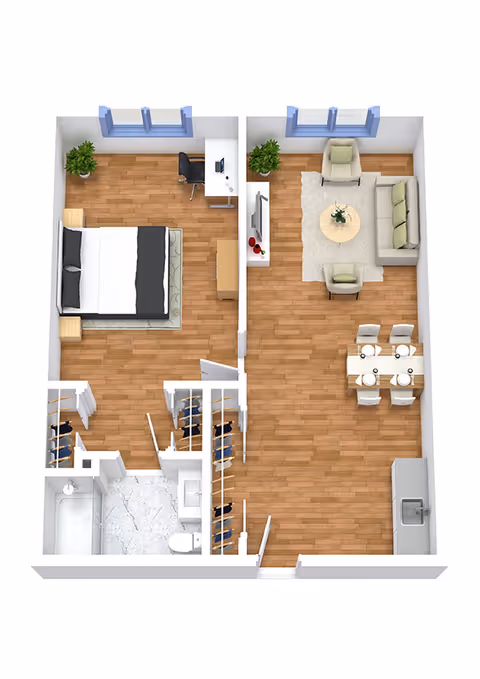 3D floor plan of a one-bedroom apartment showing a bedroom, living area with sofa and dining table, kitchen, and bathroom.