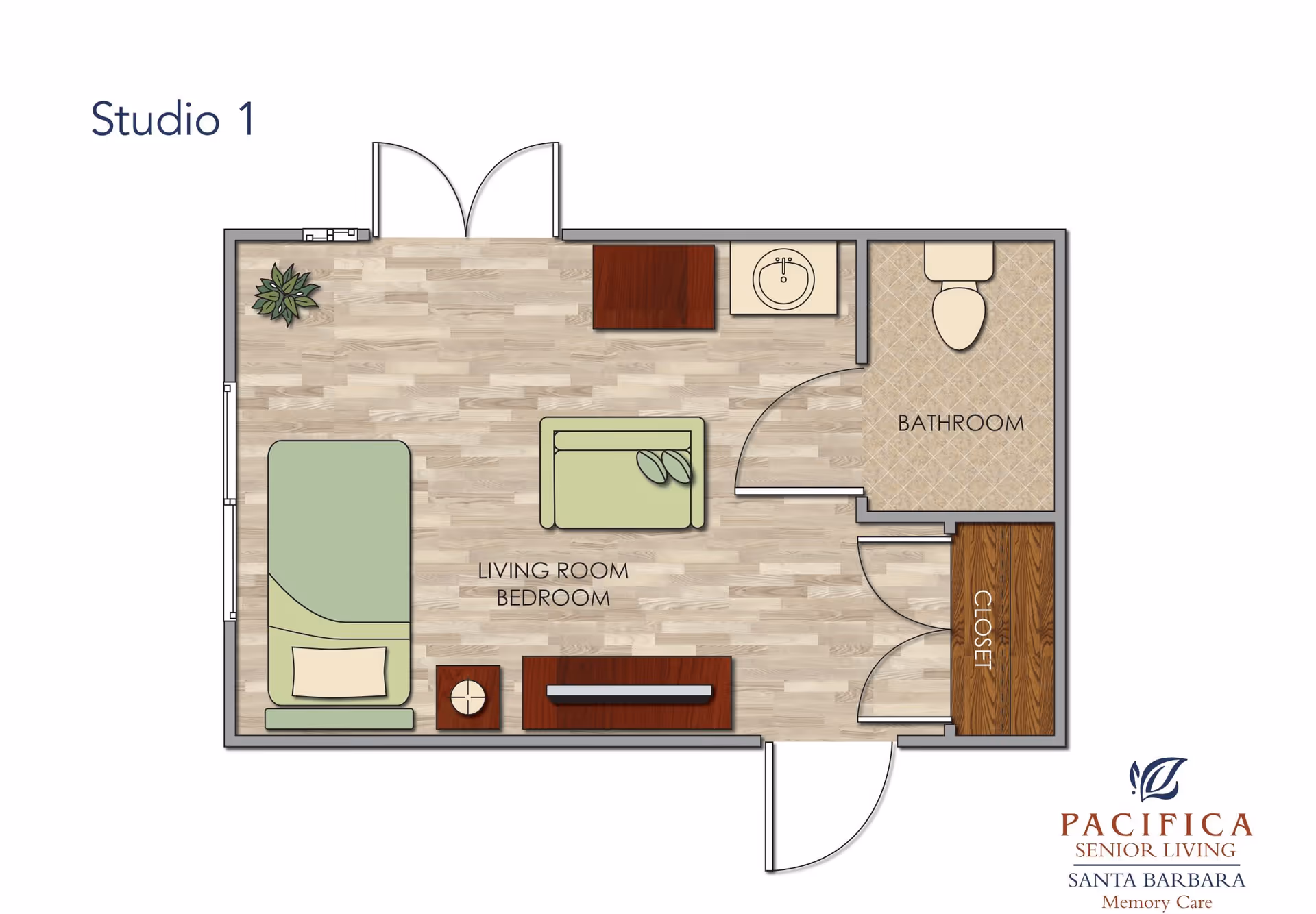 Floor plan labeled Studio 1 showing a combined living room and bedroom area with a bed, sofa, side table, and TV stand. There is a bathroom with a toilet and sink, and a closet next to the bathroom. The entrance door is at the bottom right, and double doors are at the top left. A plant is placed near the double doors.