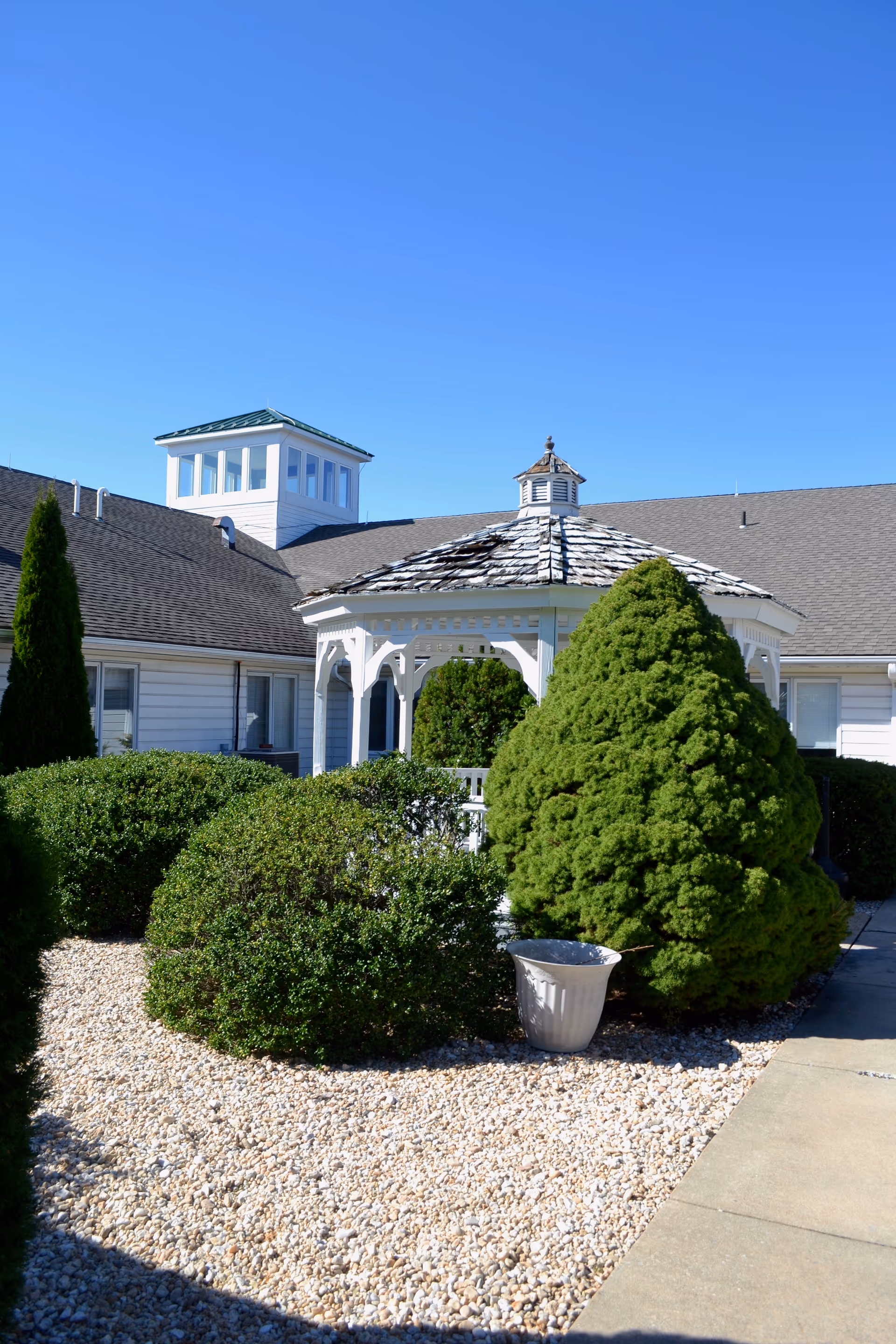 Outdoor view of a senior living facility courtyard featuring a white wooden gazebo with a shingled roof surrounded by neatly trimmed green bushes and a gravel ground cover under a clear blue sky.