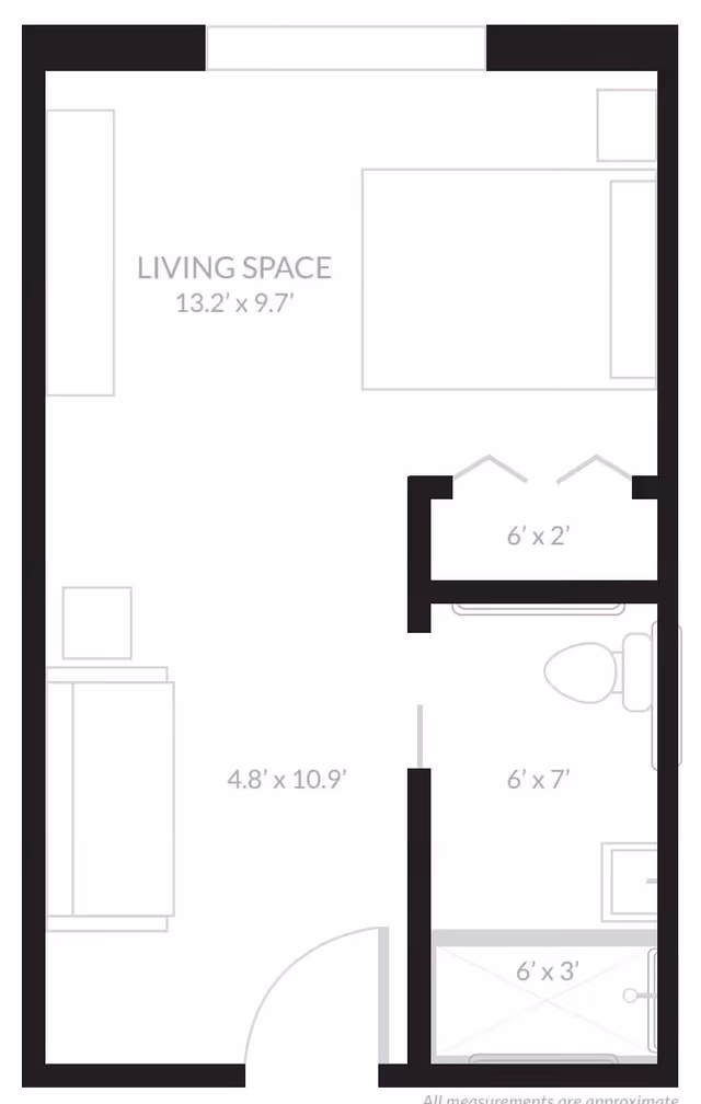 Architectural floor plan of a living space measuring 13.2 by 9.7 feet, including a small bathroom with a toilet and shower, and a closet area measuring 6 by 2 feet. The layout shows furniture placement and room dimensions.