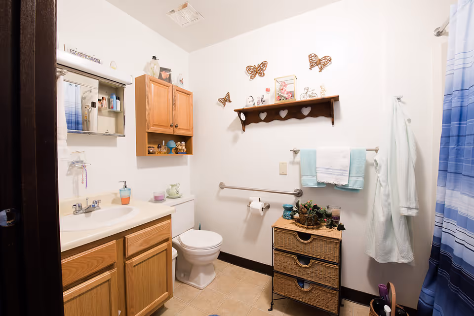 Bright, decorated bathroom featuring a sink and vanity, toilet, wall cabinets, towel rack, wicker drawers and a blue shower curtain.