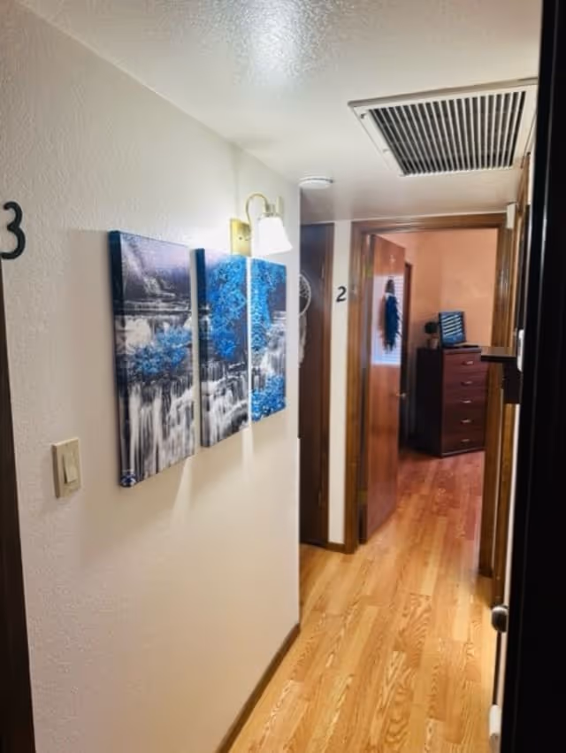A hallway with wooden flooring and white walls, featuring three blue and white abstract paintings on the left wall. There are doors numbered 2 and 3 visible, with room 2 door open showing a dresser and a TV inside. A wall light fixture is above the paintings, and an air vent is on the ceiling.
