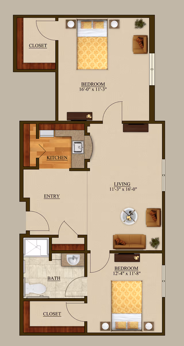 Floor plan of a senior living apartment at The Harmony Collection at Columbia showing two bedrooms, a living room, kitchen, bathroom, entry, and closets. The larger bedroom measures 16 feet by 11 feet 3 inches and the smaller bedroom measures 12 feet 4 inches by 11 feet 8 inches. The living room is 11 feet 3 inches by 16 feet. The kitchen is adjacent to the entry area, and the bathroom includes a toilet, sink, and shower.