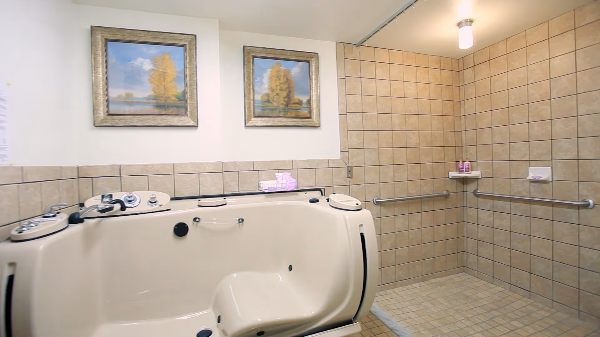 A spacious bathroom with a large beige walk-in bathtub featuring multiple controls and a built-in seat. The walls and floor are tiled in a light brown color. There are two framed landscape paintings hanging on the white wall above the bathtub. The shower area has grab bars and shelves with toiletries, and a ceiling light fixture.