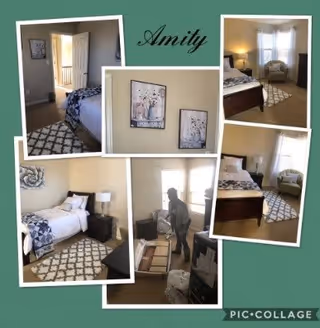 Collage of interior photos of a furnished bedroom at Amity Senior Living showing a bed, armchair, rug, wall art and a person standing near a window.