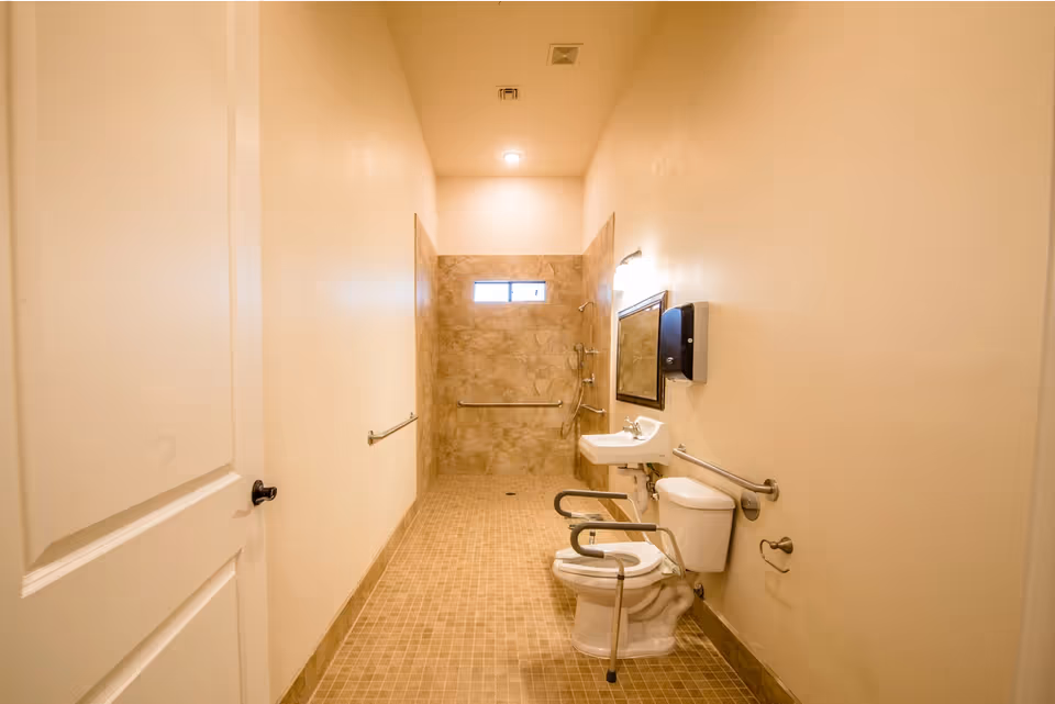 Accessible bathroom with grab bars, a roll-in tiled shower, wall-mounted sink, and a toilet with a safety frame.