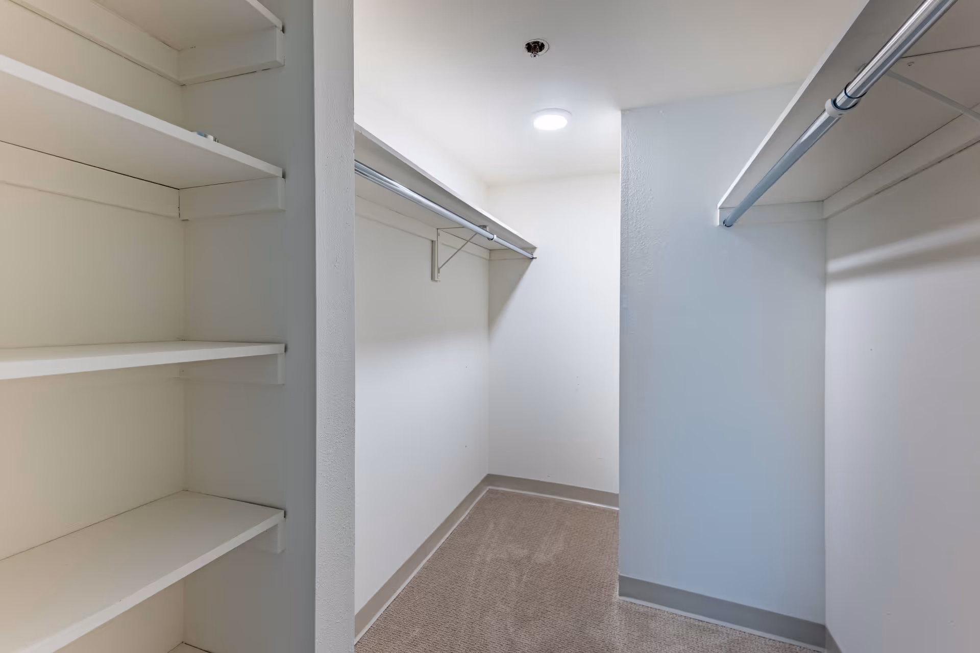 Empty walk-in closet with white walls, built-in shelves on the left, and hanging rods on both sides. The floor is carpeted and there is a ceiling light fixture.