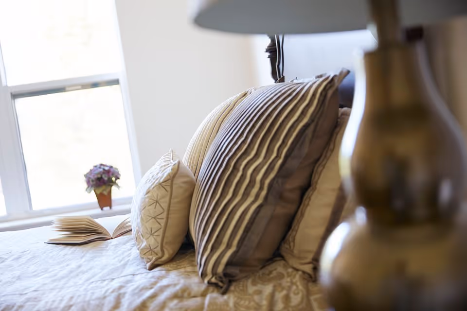 Close-up view of a bed with multiple decorative pillows arranged against the headboard, an open book lying on the bed, a window in the background with natural light coming through, and a small potted plant on the windowsill.