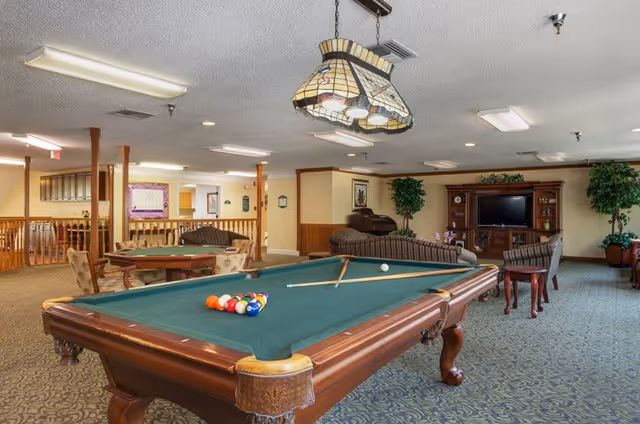 A spacious recreational room with a green felt pool table in the foreground, complete with pool balls and cues. Behind the pool table, there is a seating area with sofas and chairs arranged around a large wooden entertainment center with a television. The room has carpeted floors, potted plants, and warm lighting, creating a comfortable and inviting atmosphere.