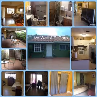 A collage of images from Living Well ALF Corporation showing various interior and exterior views including a living room with chairs and a TV, bathrooms with toilets and sinks, a kitchen with appliances, an outdoor patio with tables and chairs, a green building exterior with a door and windows, and bedrooms with beds and curtains.