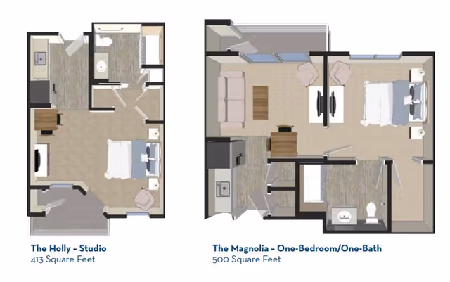 Two architectural floor plans for senior living units at Watercrest Palm Beach Gardens. The left plan is labeled 'The Holly - Studio' with 413 square feet, featuring a combined living and sleeping area, kitchen, bathroom, and closet space. The right plan is labeled 'The Magnolia - One-Bedroom/One-Bath' with 500 square feet, showing a separate bedroom, living room, kitchen, bathroom, and closet space.