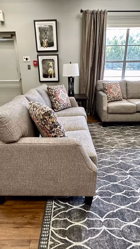 A cozy living room area with two beige sofas adorned with patterned throw pillows. A dark wooden side table with a white lamp sits between the sofas. Two framed pictures of dogs hang on the wall above a fire alarm and thermostat. A large window with beige curtains lets in natural light, and a patterned area rug covers the wooden floor.
