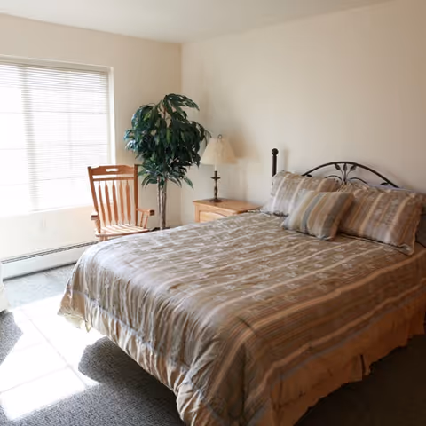 A bedroom with a neatly made bed featuring striped bedding and multiple pillows. Next to the bed is a wooden nightstand with a lamp. A wooden chair and a tall green plant are positioned near a window with blinds, allowing natural light to fill the room.