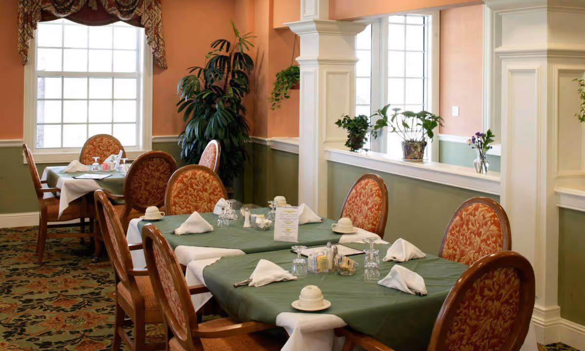 Dining room with tables covered in green tablecloths and white napkins, set with cups, glasses, and condiments. The room has large windows with natural light, decorative plants, and patterned carpet. Chairs have wooden frames and red patterned upholstery.